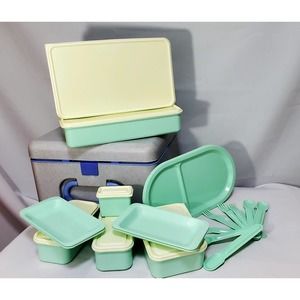 Vintage 1995 Green Picnic Hard Cased Picnic Box Containers Plates Utensils